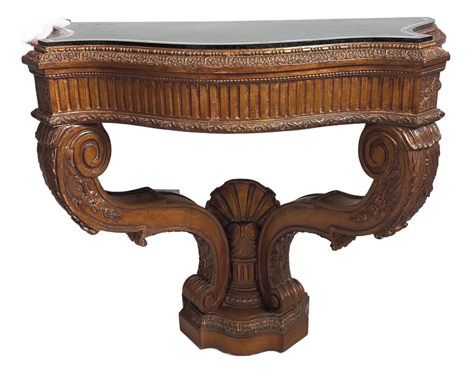 Vintage Maitland Smith Stone-Top Table // Tesselated Black Granite and Limestone // Carved Demilune: This is a STUNNING Maitland Smith wall-mounted table with a tesselated stone top. The base is carved and resets on a pedestal adorned with a shell - the top is tesselated granite and limestone and is