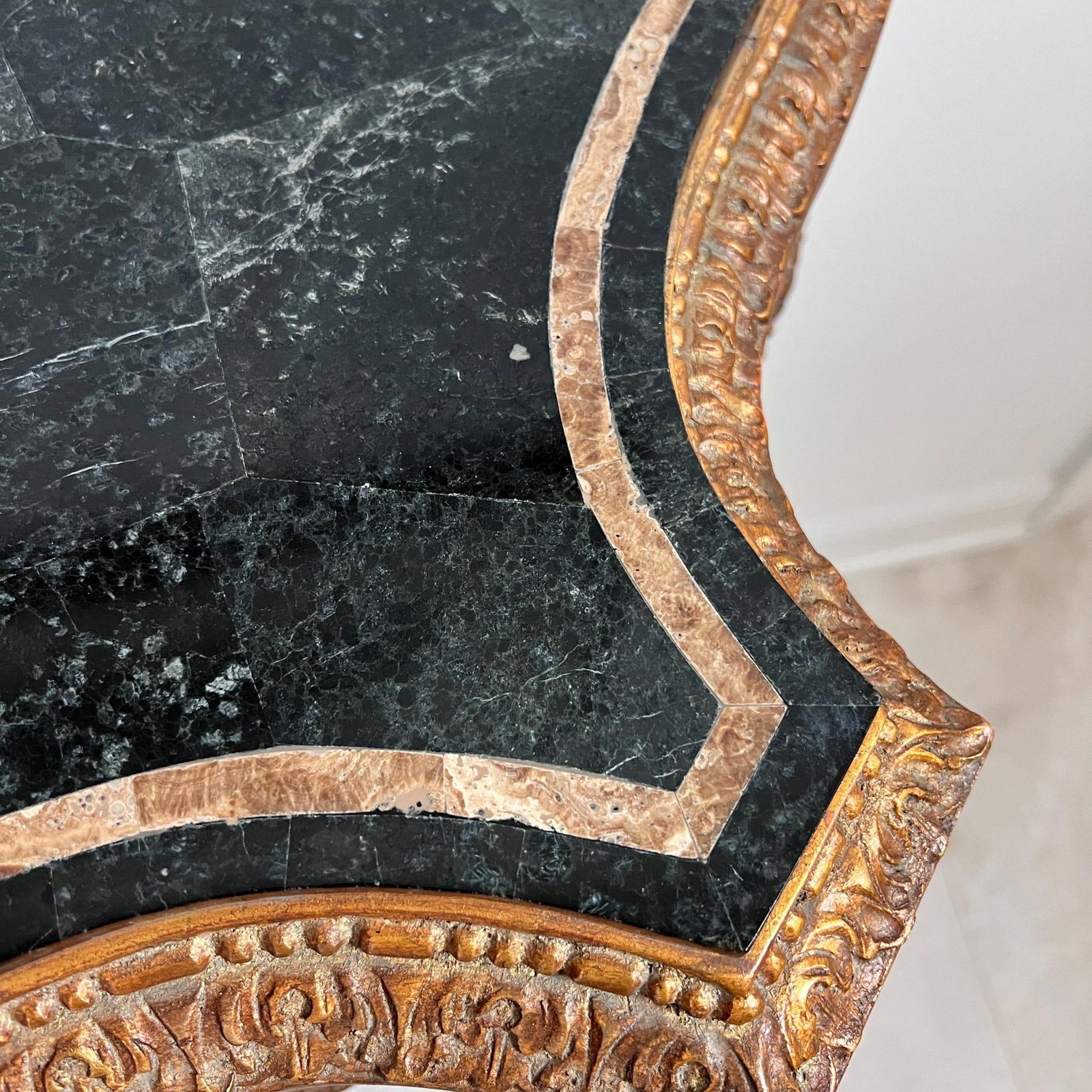 Vintage Maitland Smith Stone-Top Table // Tesselated Black Granite and Limestone // Carved Demilune - 2