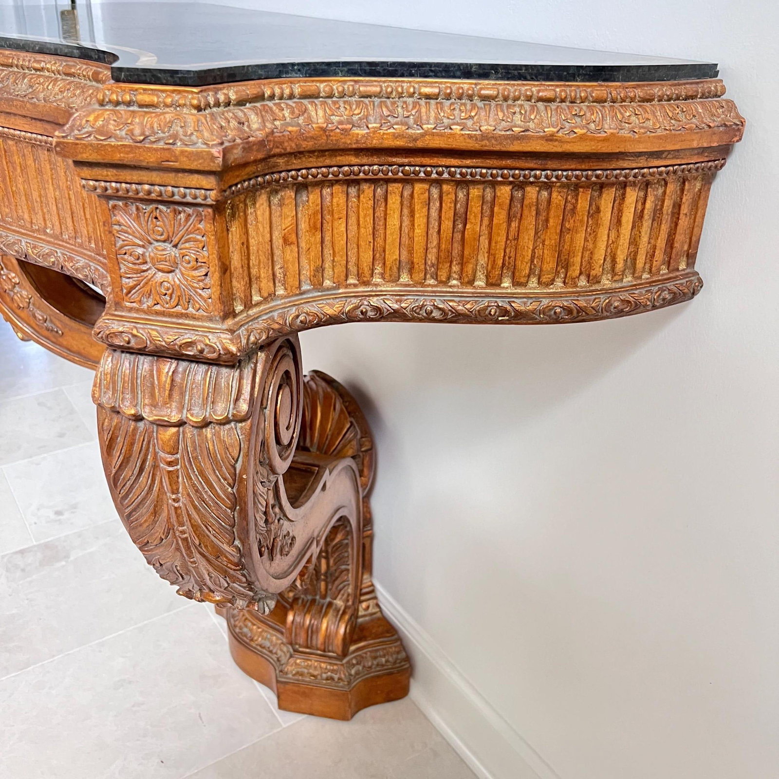 Vintage Maitland Smith Stone-Top Table // Tesselated Black Granite and Limestone // Carved Demilune - 3