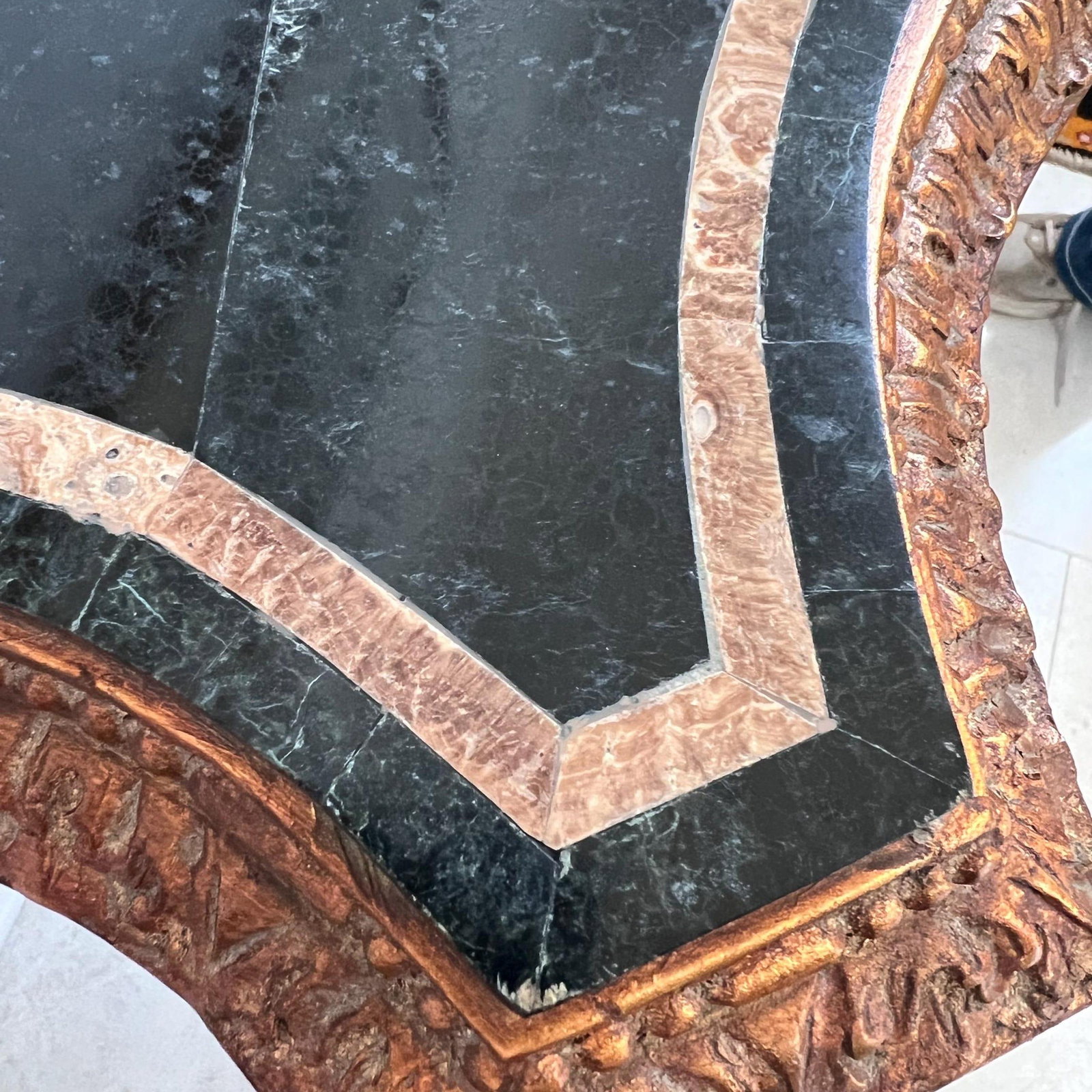 Vintage Maitland Smith Stone-Top Table // Tesselated Black Granite and Limestone // Carved Demilune - 6