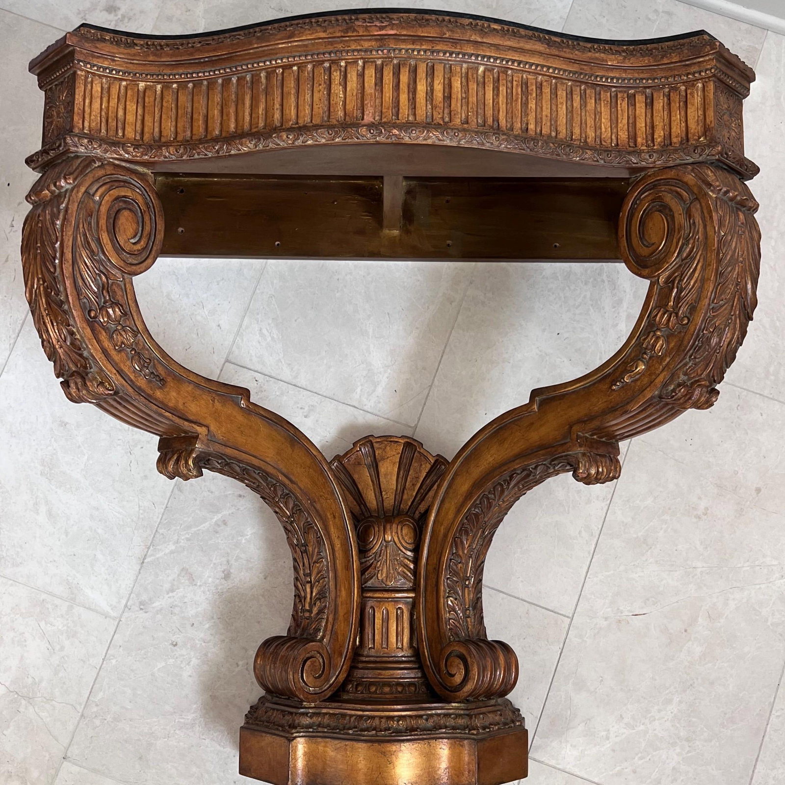 Vintage Maitland Smith Stone-Top Table // Tesselated Black Granite and Limestone // Carved Demilune - 7