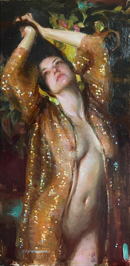 Glimmer by Karen Offutt | Oil on Panel Portrait of a woman in a shimmering robe.: The painting features a figure adorned in a shimmering, translucent robe, capturing a moment of introspection and allure. The interplay of light and shadow enhances the warm tones of the skin and