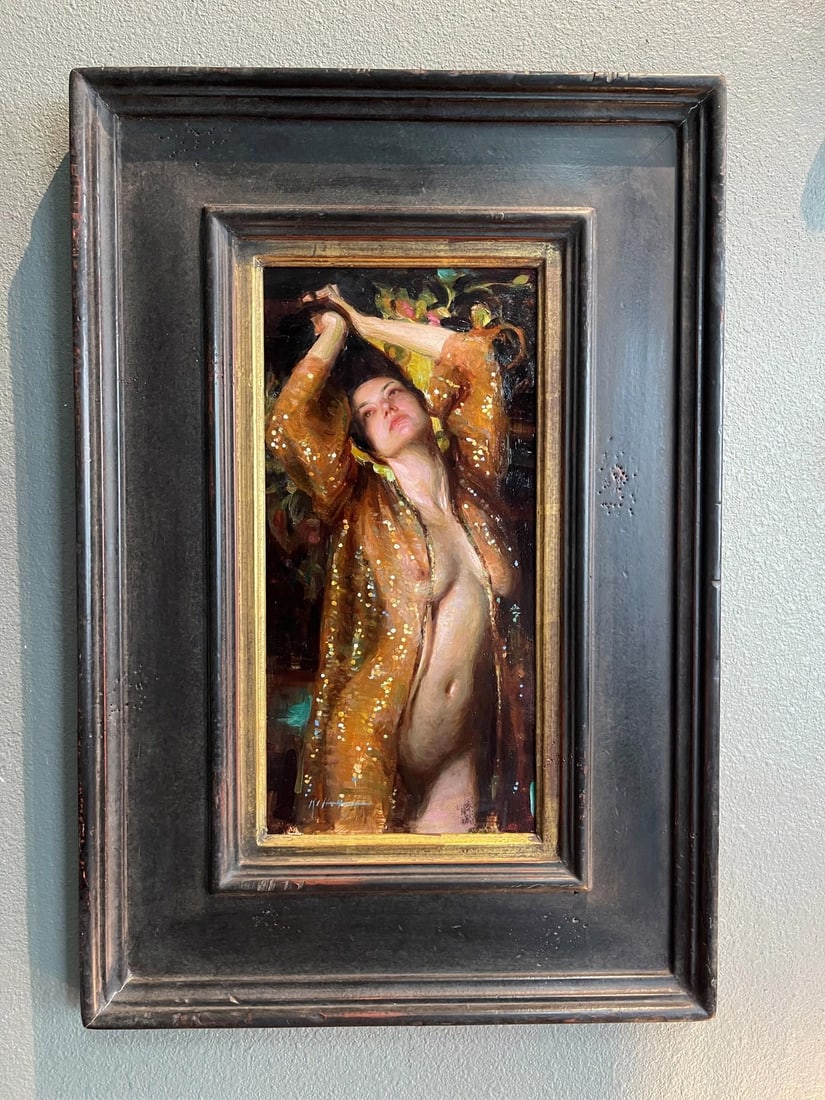 Glimmer by Karen Offutt | Oil on Panel Portrait of a woman in a shimmering robe. - 2