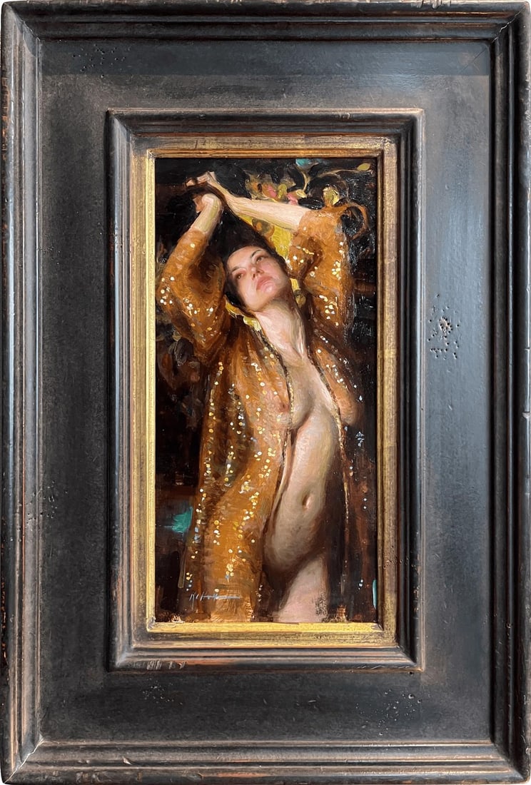 Glimmer by Karen Offutt | Oil on Panel Portrait of a woman in a shimmering robe. - 3