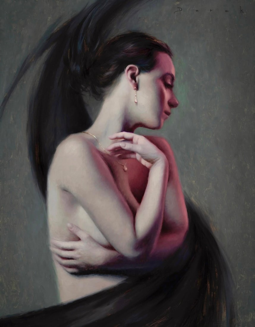 Rose by Derek Harrison | Oil on Linen Portrait of a woman with flowing hair and soft features: This oil painting on linen depicts a serene figure, elegantly posed with a gentle curve to her form, evoking a sense of intimacy and vulnerability. The soft palette, dominated by muted tones and