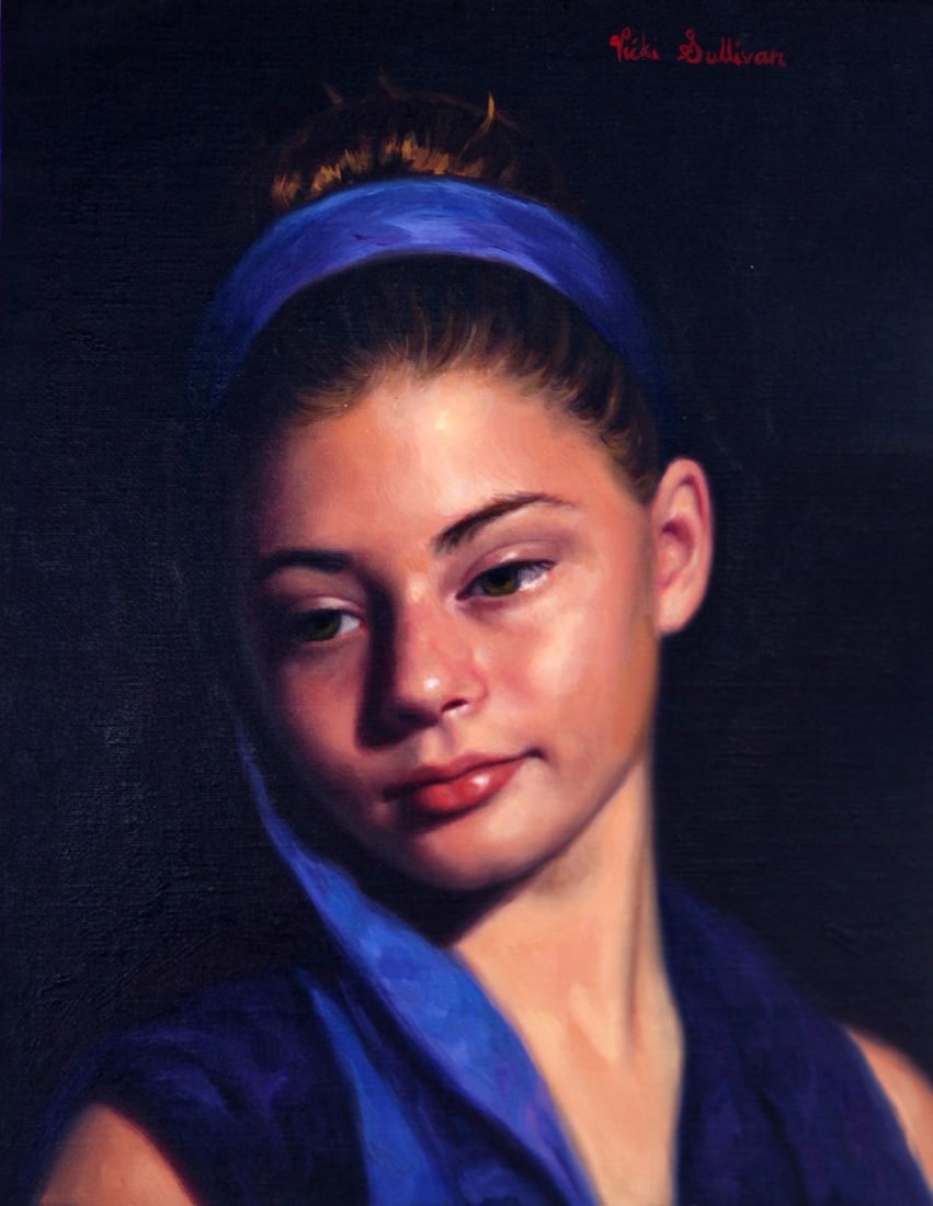 Blue by Vicki Sullivan | Oil on linen Portrait of a girl with a blue headband. - 2