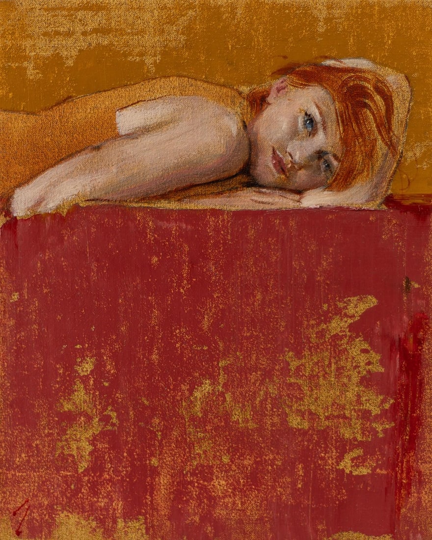 Orange and Red by J Louis | Oil on Cradled Panel Portrait of a Woman Lying on a Red Surface: This artwork depicts a contemplative figure reclining against a backdrop of warm orange and deep red hues, creating a striking contrast that enhances the subject's serene expression. The soft
