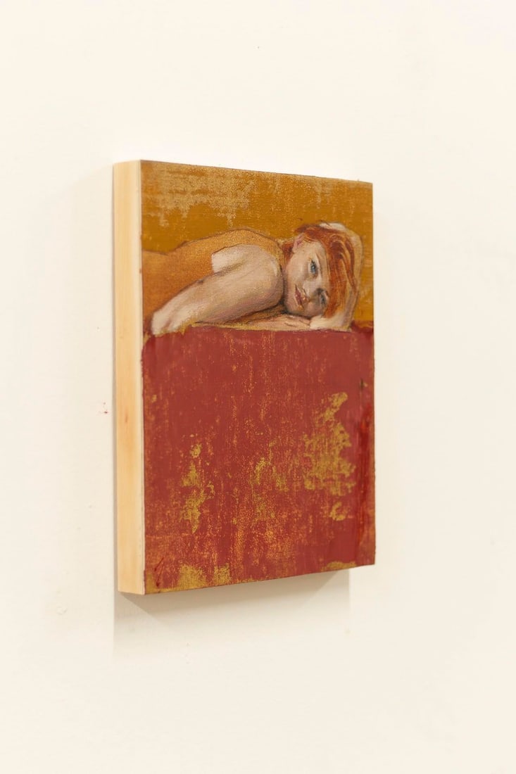 Orange and Red by J Louis | Oil on Cradled Panel Portrait of a Woman Lying on a Red Surface - 2