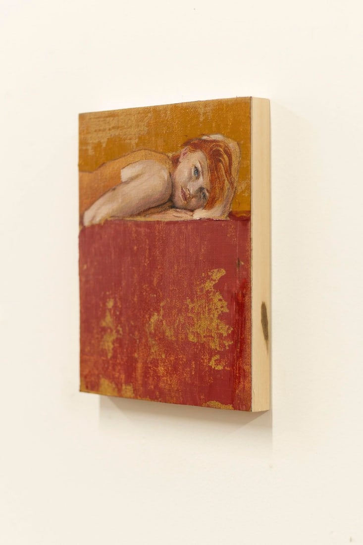 Orange and Red by J Louis | Oil on Cradled Panel Portrait of a Woman Lying on a Red Surface - 3