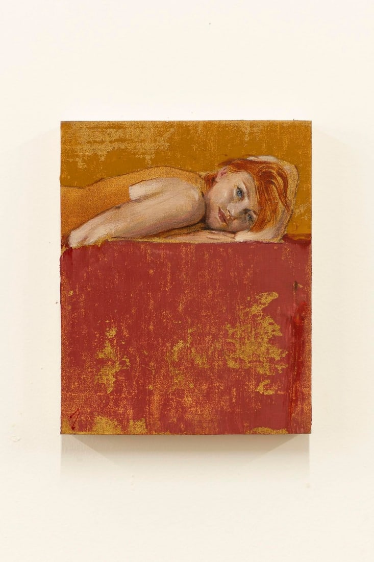 Orange and Red by J Louis | Oil on Cradled Panel Portrait of a Woman Lying on a Red Surface - 4
