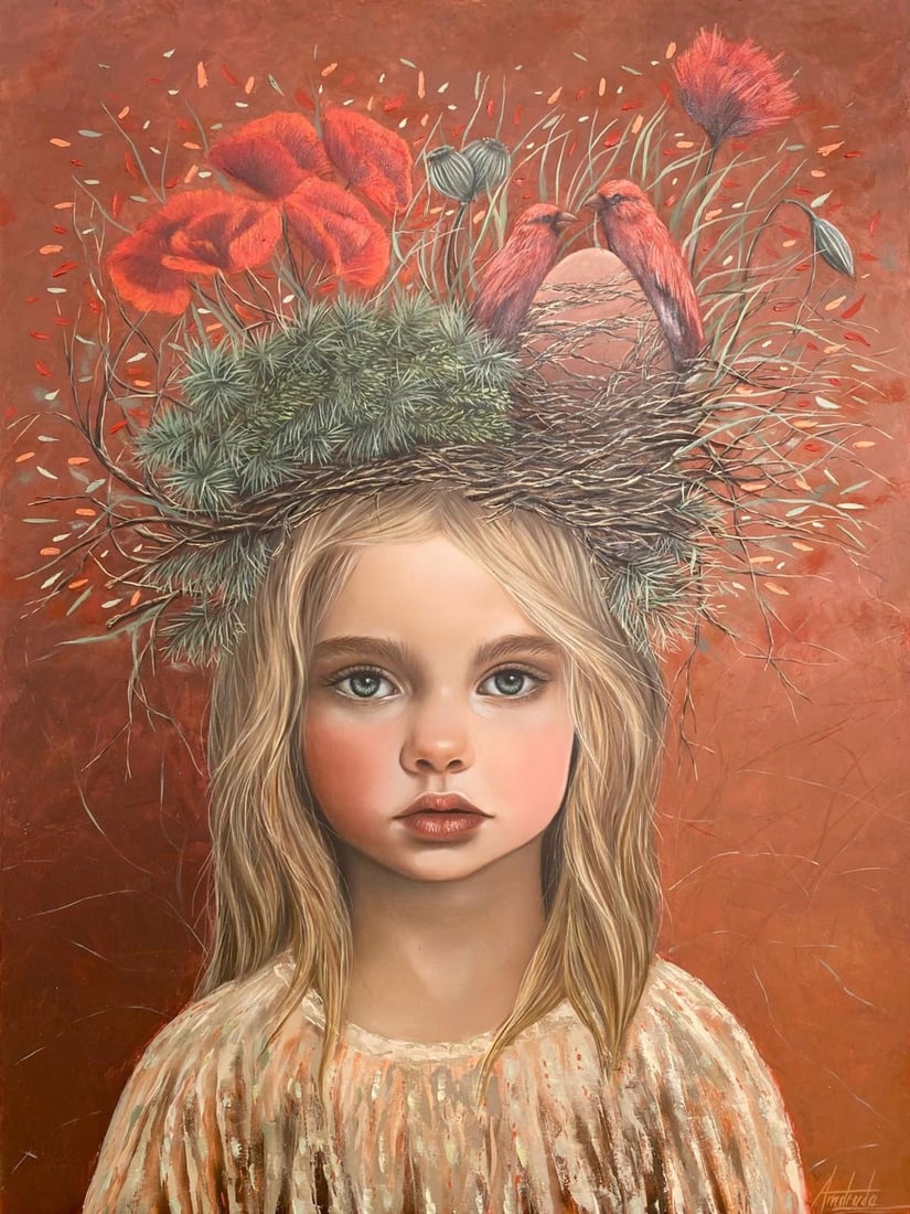 Poppy by Andrada Trapnell | Oil on board Portrait of a girl with flowers and a nest in her hair.: The artwork features a young girl adorned with a striking crown of poppies and natural elements, creating a harmonious blend of innocence and nature. The warm, earthy background enhances the girl's