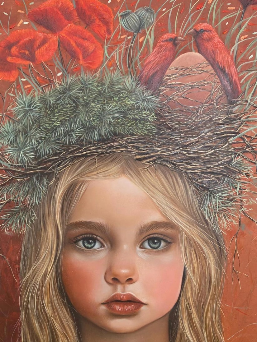 Poppy by Andrada Trapnell | Oil on board Portrait of a girl with flowers and a nest in her hair. - 2