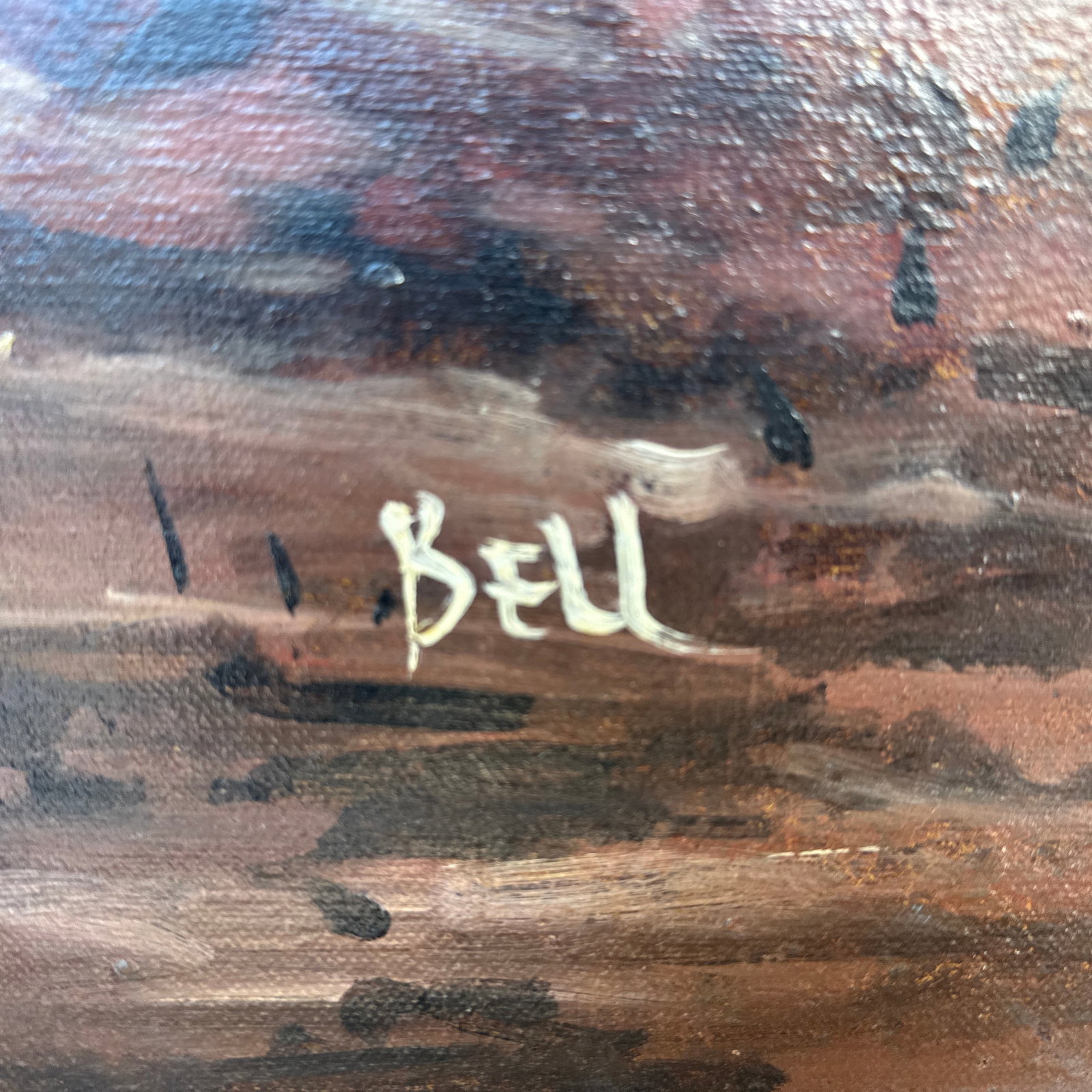 Vintage Signed "Bell" American West Large Painting on Canvas- Watering the Horses - 10