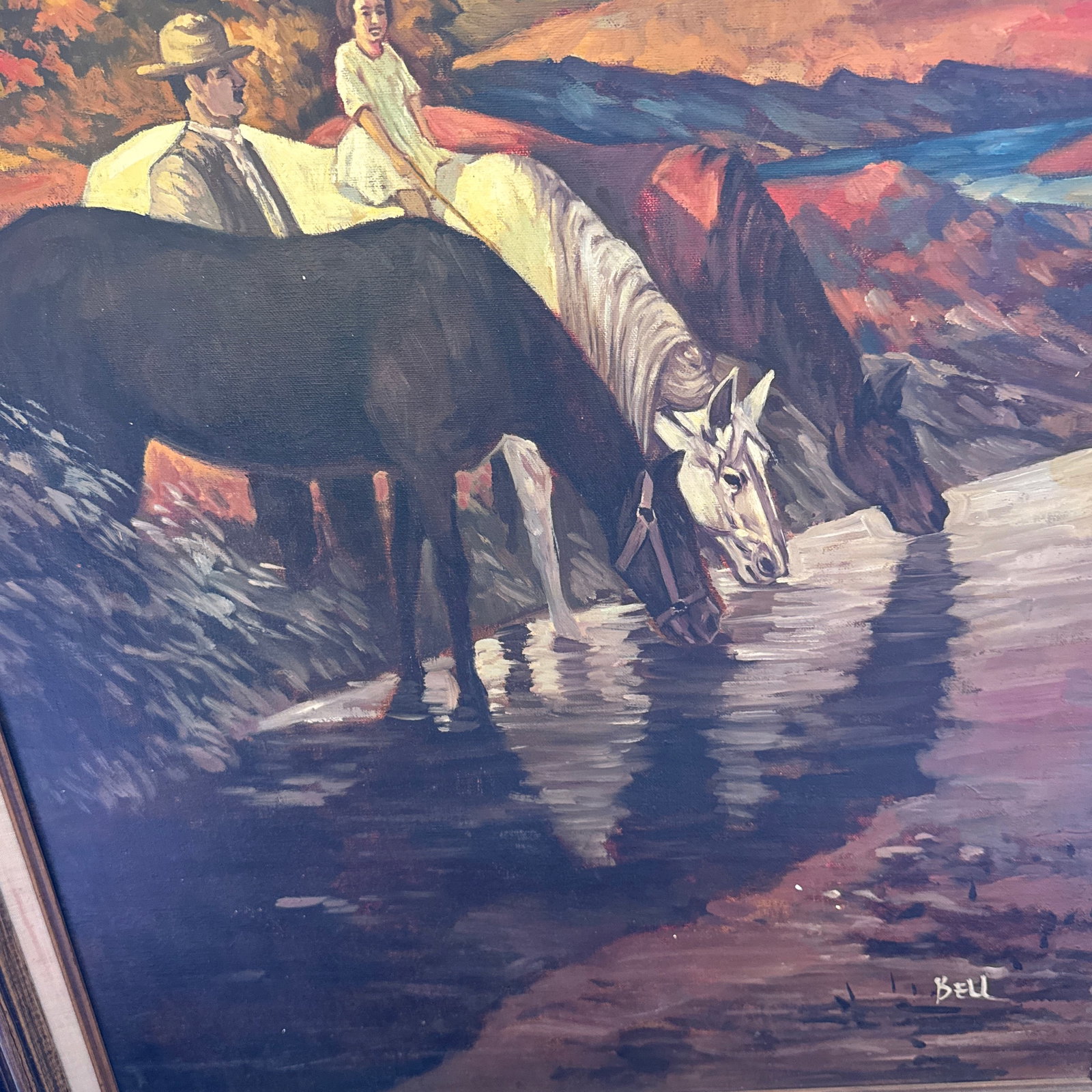 Vintage Signed "Bell" American West Large Painting on Canvas- Watering the Horses - 12