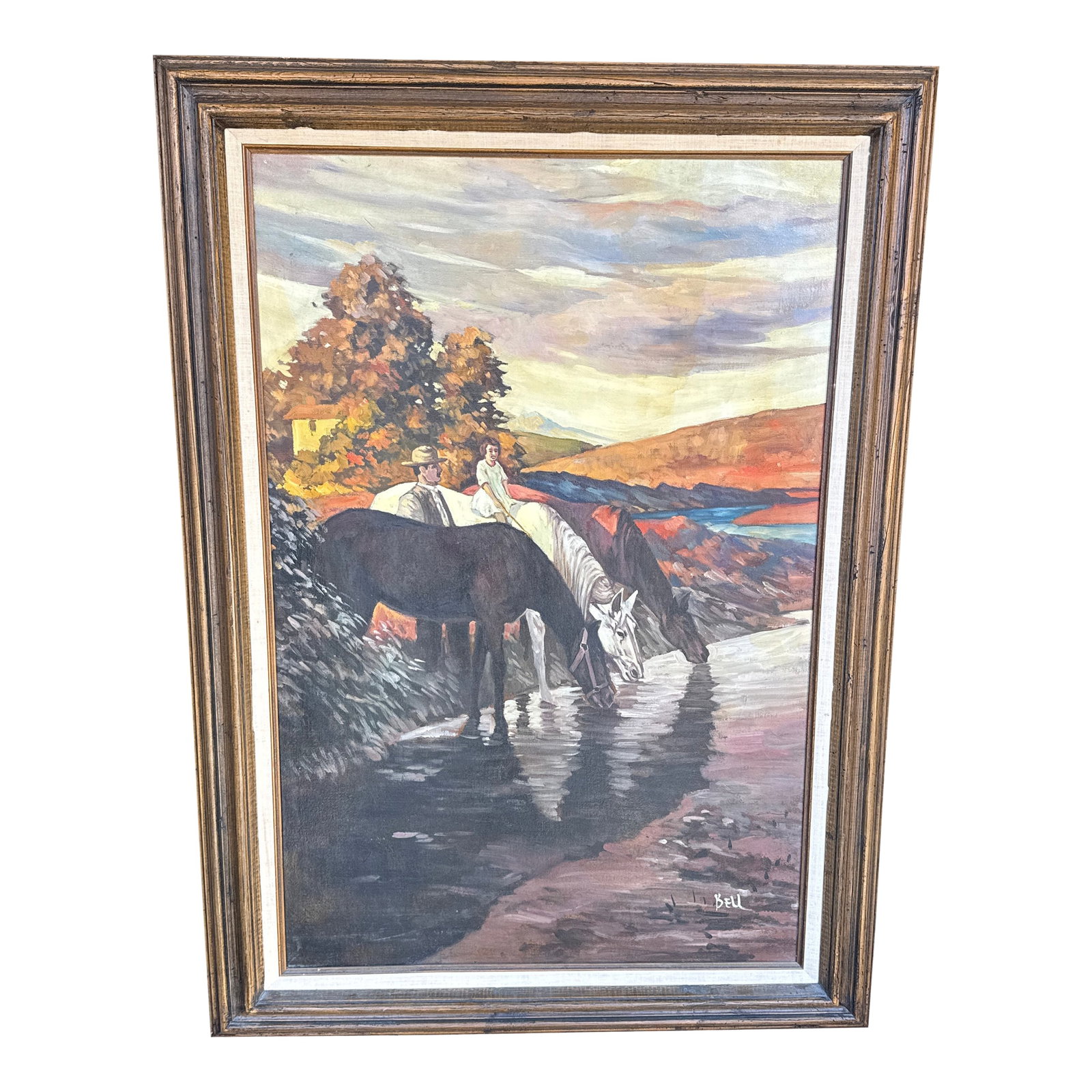 Vintage Signed "Bell" American West Large Painting on Canvas- Watering the Horses: Gorgeous colors in this large vintage painting on canvas! I'm a sucker for a touch of turquoise! This seems to be a Western American landscape nearing sunset where a man and child are watering their h