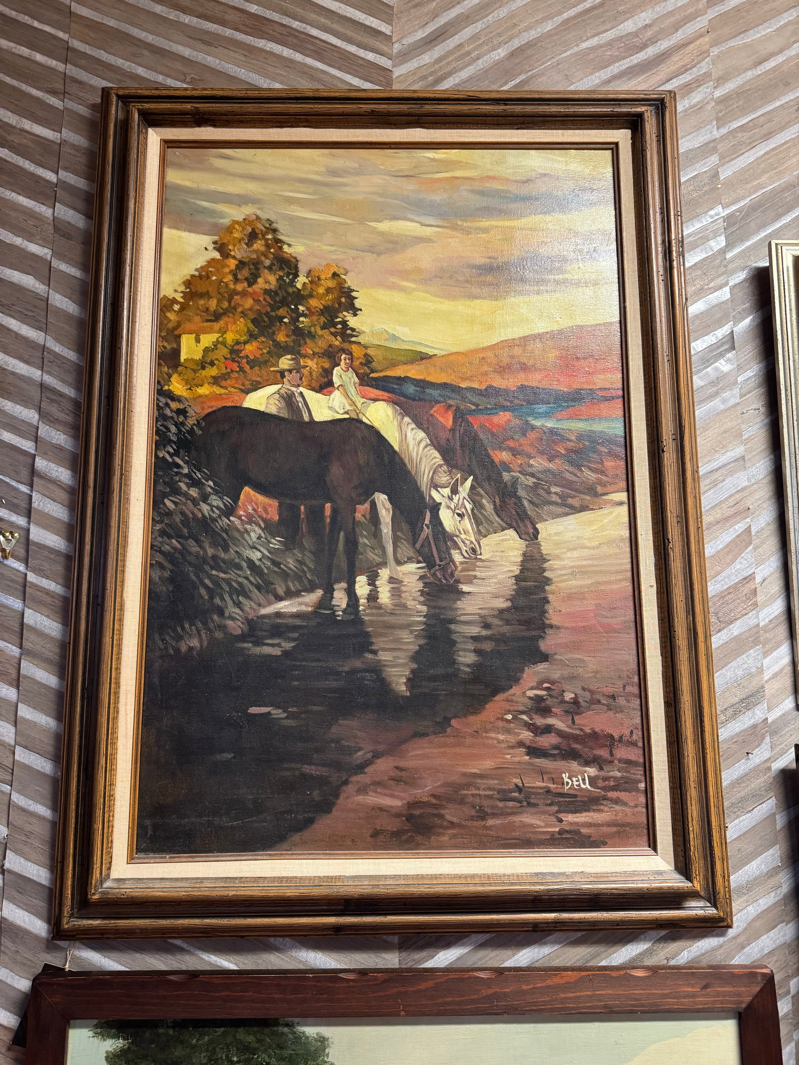 Vintage Signed "Bell" American West Large Painting on Canvas- Watering the Horses - 2