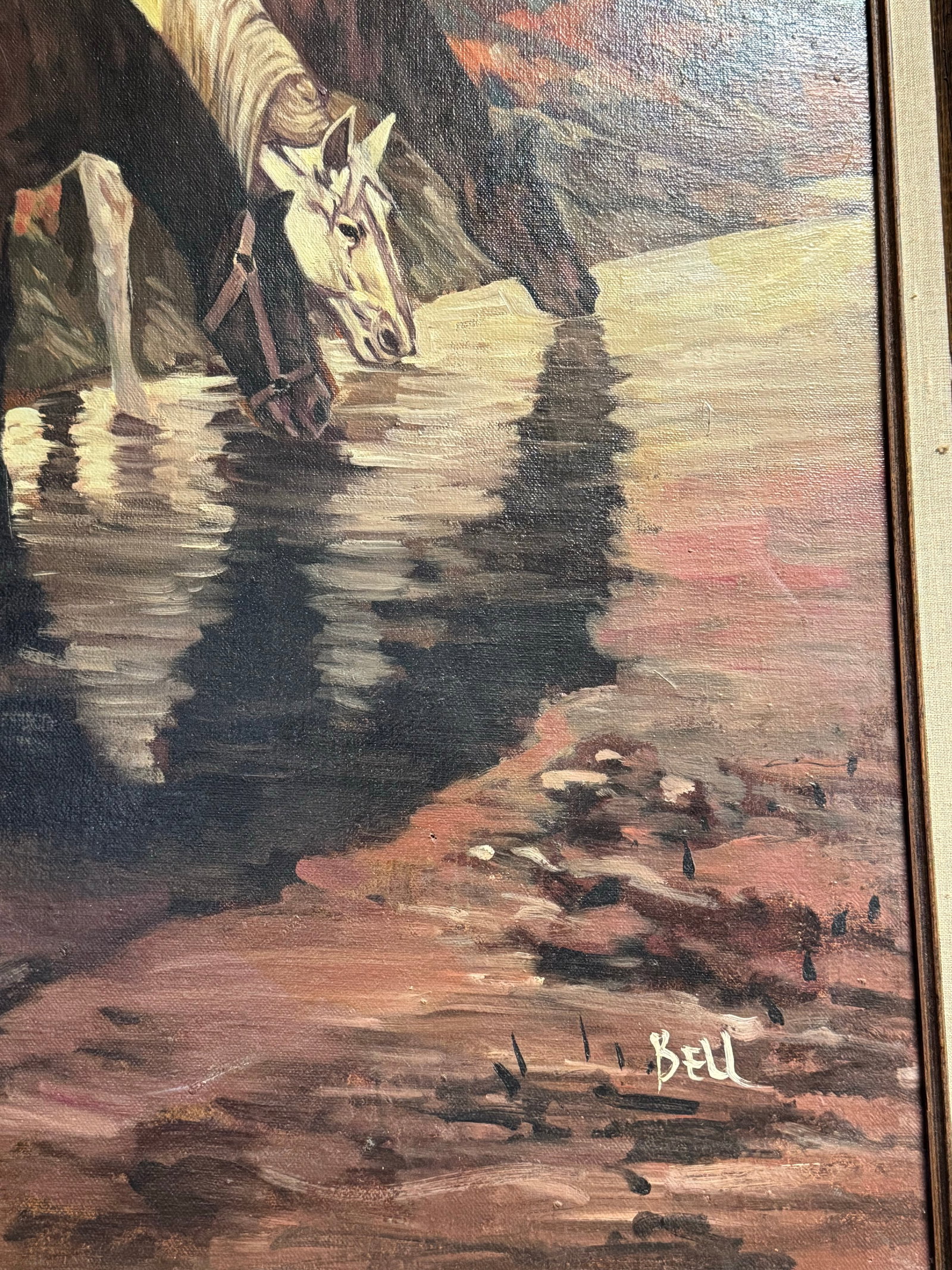 Vintage Signed "Bell" American West Large Painting on Canvas- Watering the Horses - 3