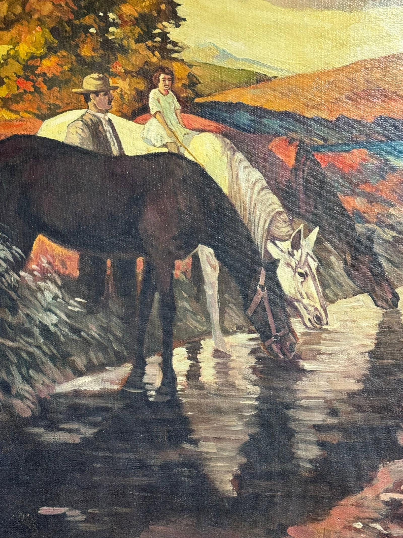 Vintage Signed "Bell" American West Large Painting on Canvas- Watering the Horses - 4