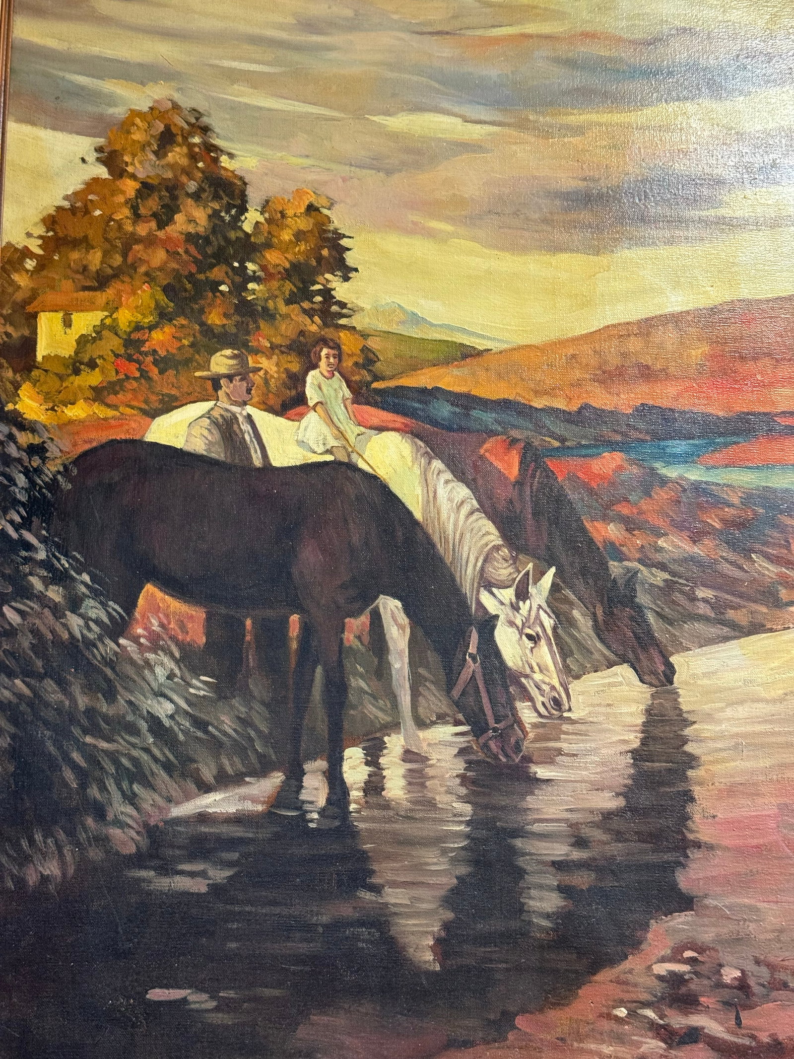 Vintage Signed "Bell" American West Large Painting on Canvas- Watering the Horses - 6