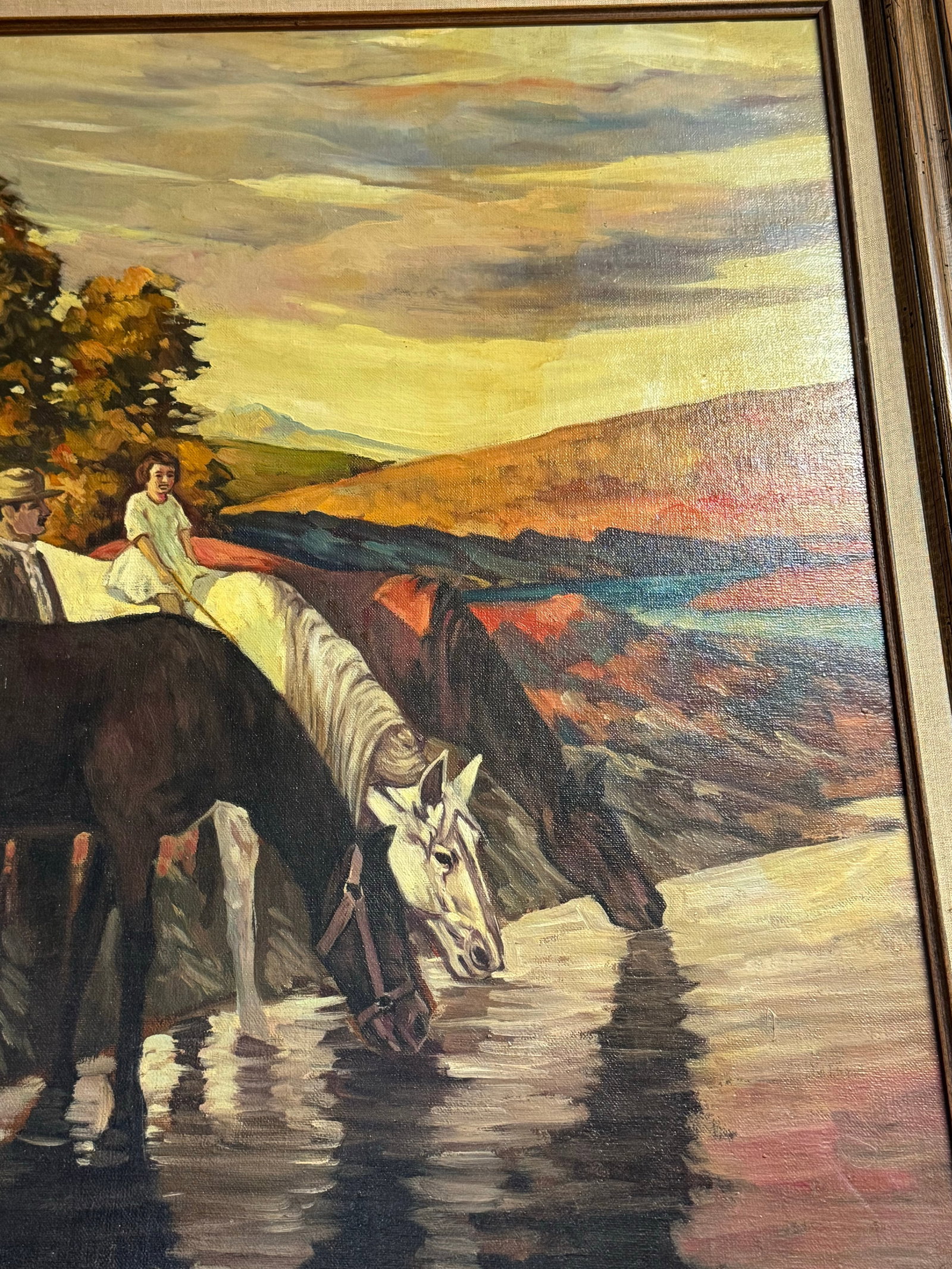 Vintage Signed "Bell" American West Large Painting on Canvas- Watering the Horses - 7