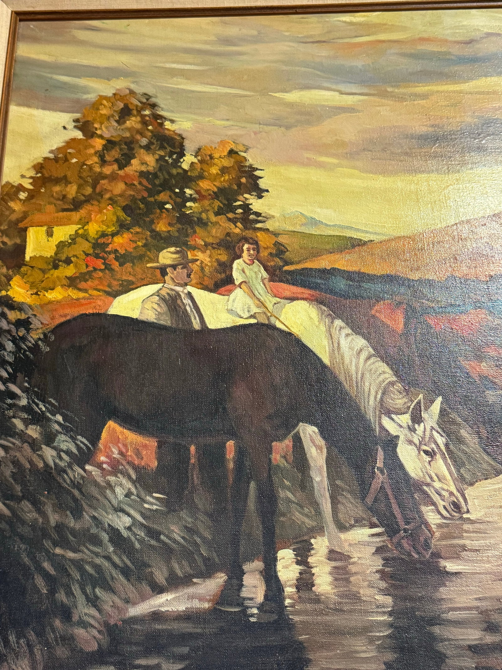 Vintage Signed "Bell" American West Large Painting on Canvas- Watering the Horses - 8