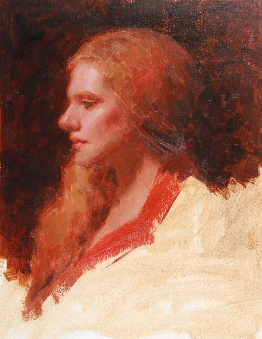 Julie in Red by Mark Bradley Schwartz | Oil on canvas portrait of a woman in profile: This oil on canvas piece features a profile of a woman adorned in rich red hues, her flowing hair echoing the warmth of the background. The soft brushwork creates a sense of intimacy and depth, while