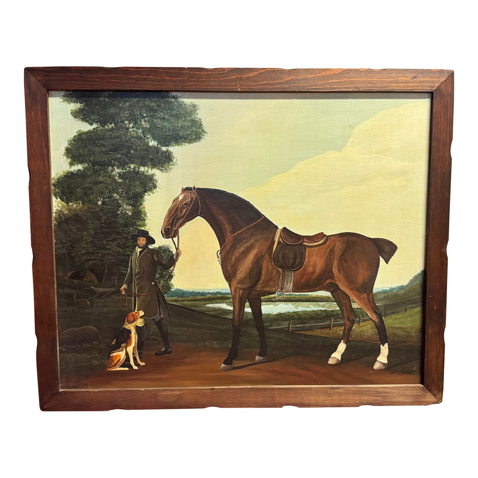 Vintage Horse & Rider With Dog Painting on Canvas- American Artist John Matassa: Vintage 20th century painting on canvas reminiscent of English artist George Stubbs. The horse and rider are a handsome pair, accompanied by their best hunting dog no doubt. They stand in front of a