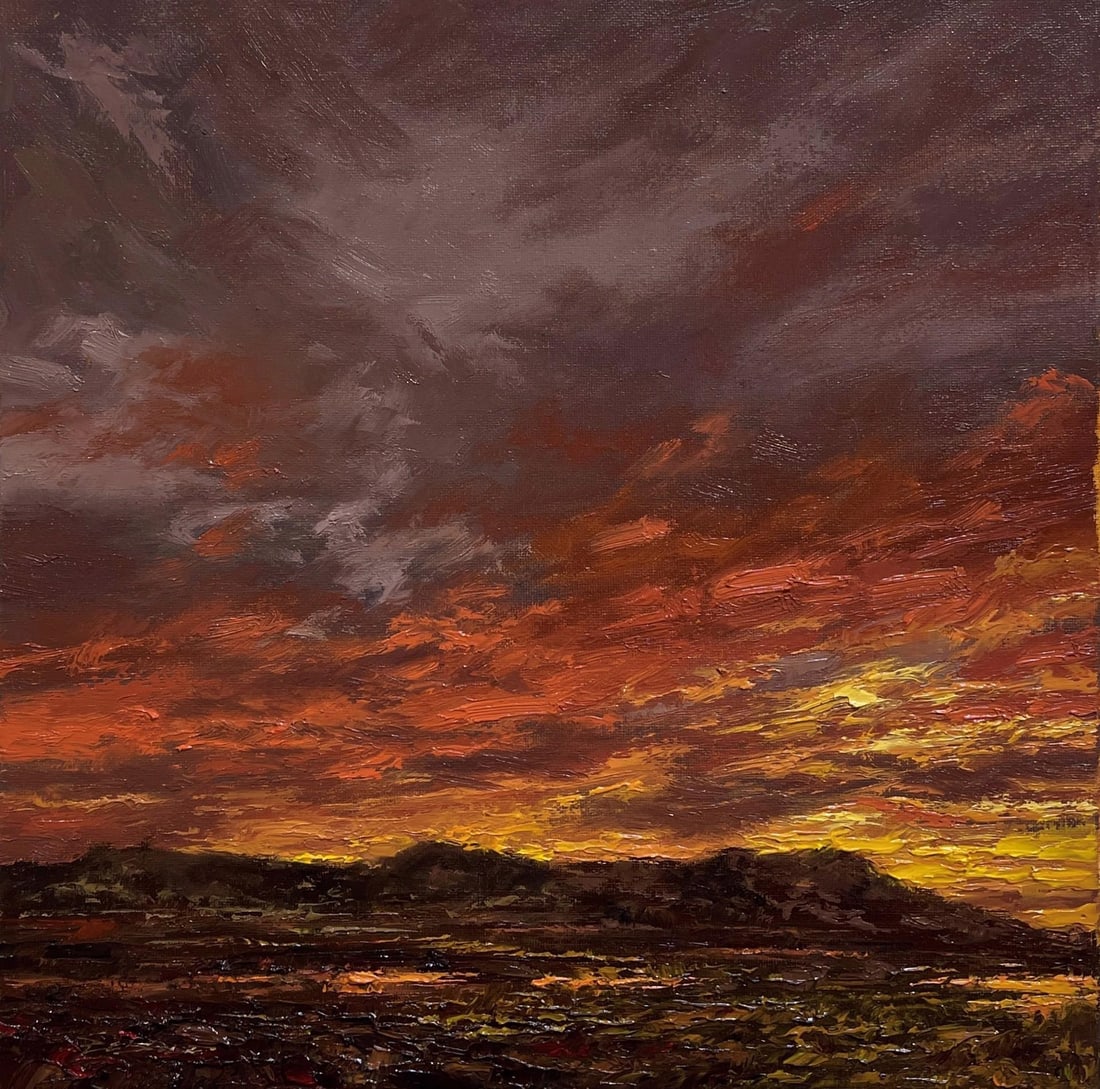 The Western Sky by Sparky LeBold | Oil on Canvas Landscape of a sunset with dramatic clouds.: This artwork depicts a dramatic sunset over a rugged landscape, where rich hues of orange and deep red blend seamlessly with moody gray clouds. The expressive brushwork creates a sense of movement in