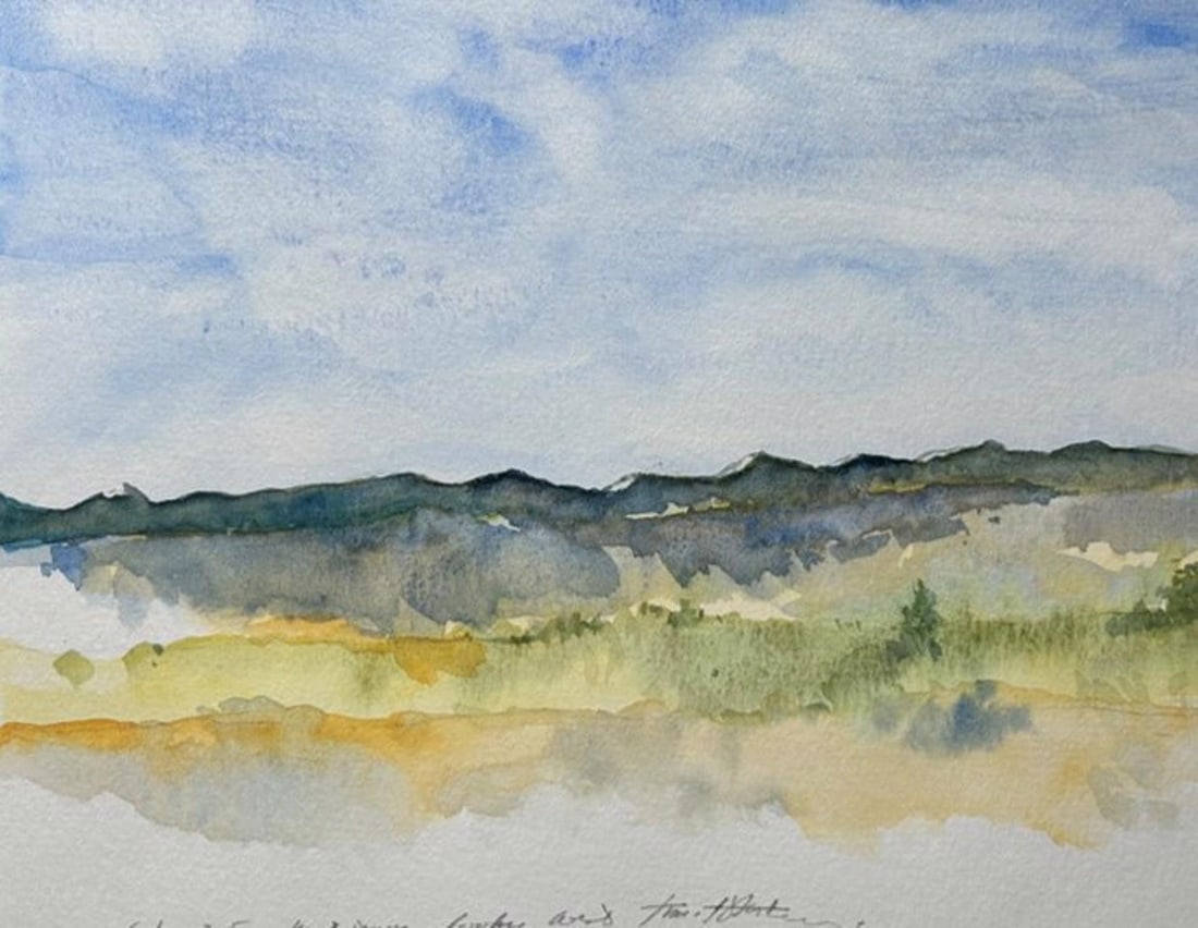 Kent Denver Looking West by Timothy J. Standring | Watercolor on paper landscape view with hills: This watercolor on paper captures a serene landscape, depicting rolling hills under a vast, softly clouded sky. The delicate interplay of color and light evokes a tranquil atmosphere, with subtle