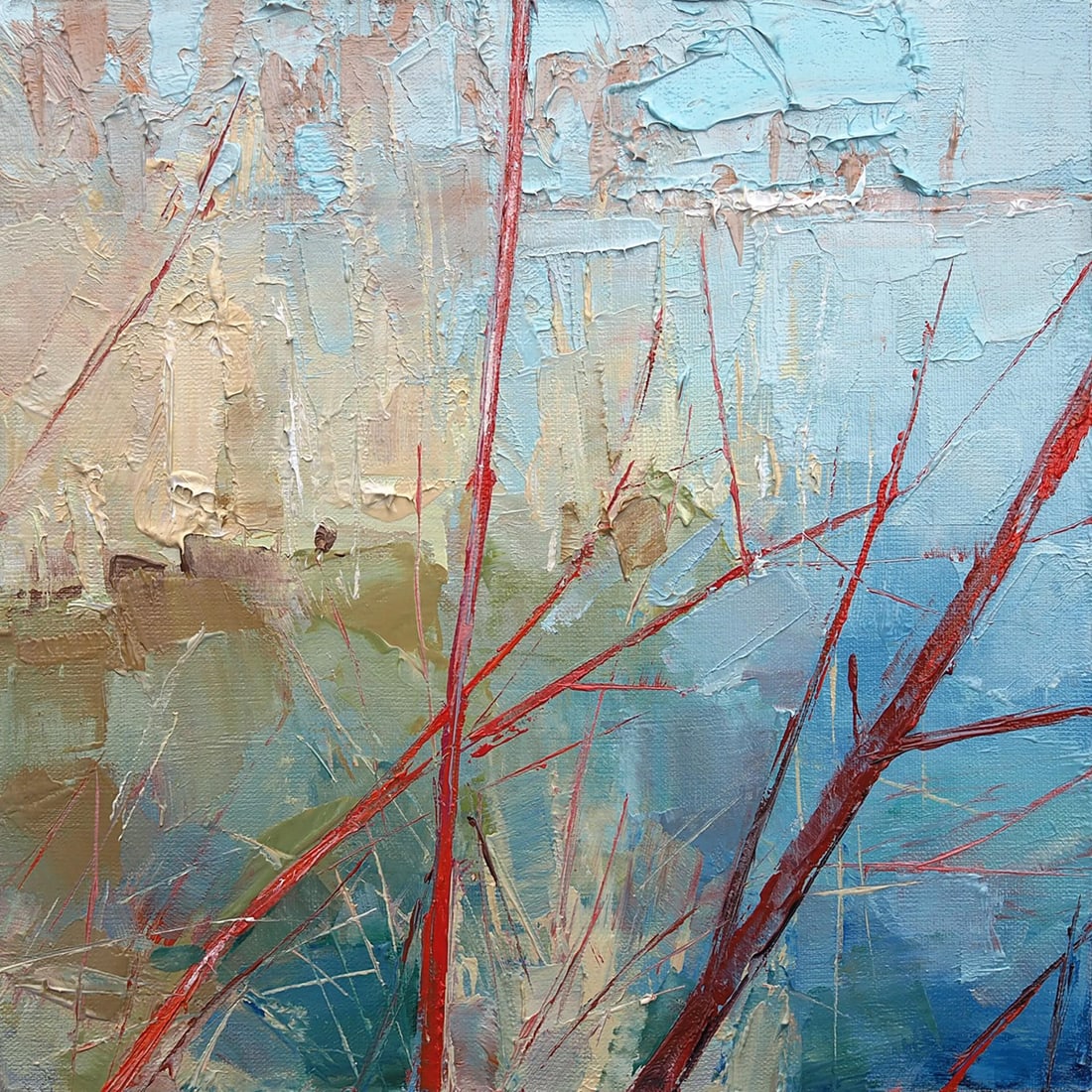 Spring by Heiko Mattausch | Oil Painting of abstract landscape with red branches and blue background - 2