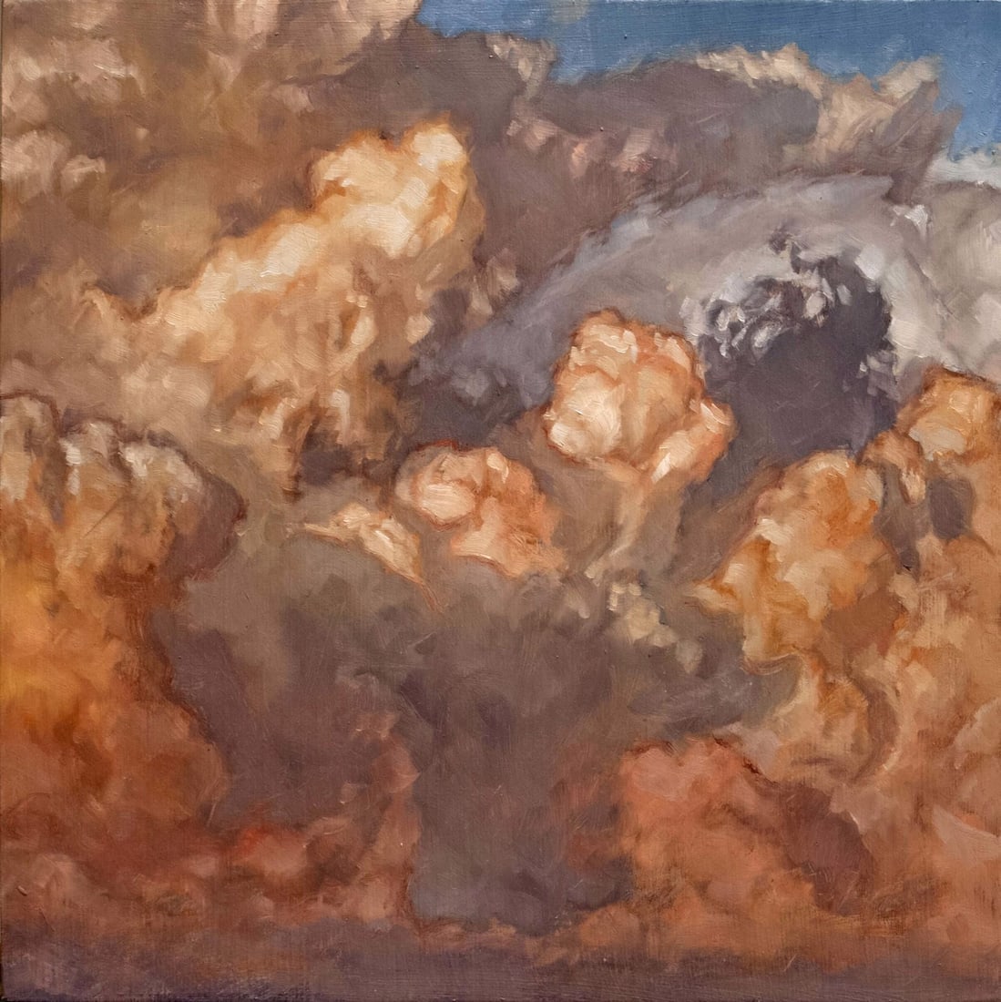 Cloud Composition 1 by Jesse Mangerson | Oil On Panel Painting of clouds in various colors: In "Cloud Composition 1," swirling forms of soft, billowy clouds dominate the canvas, their warm hues of orange and cream contrasting against a cool blue sky. The artist employs a rich, textured oil
