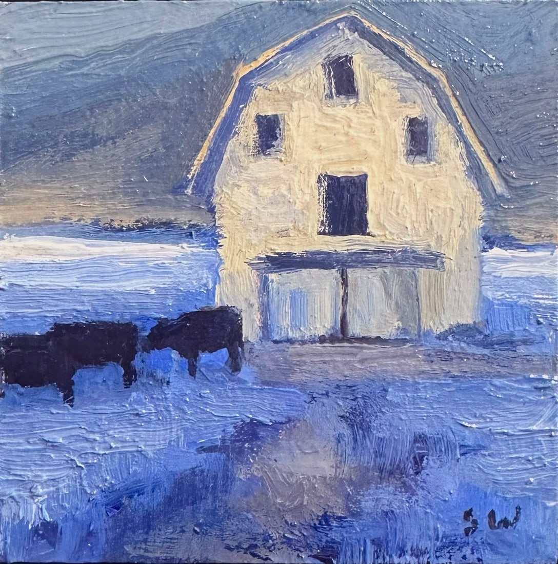 Feeding Time by Seth Winegar | Oil on panel Painting of a barn with cows in a snowy landscape: Feeding Time depicts a serene rural scene, showcasing a barn set against a moody twilight sky. The cool blue tones dominate the composition, evoking a tranquil yet slightly melancholic atmosphere,