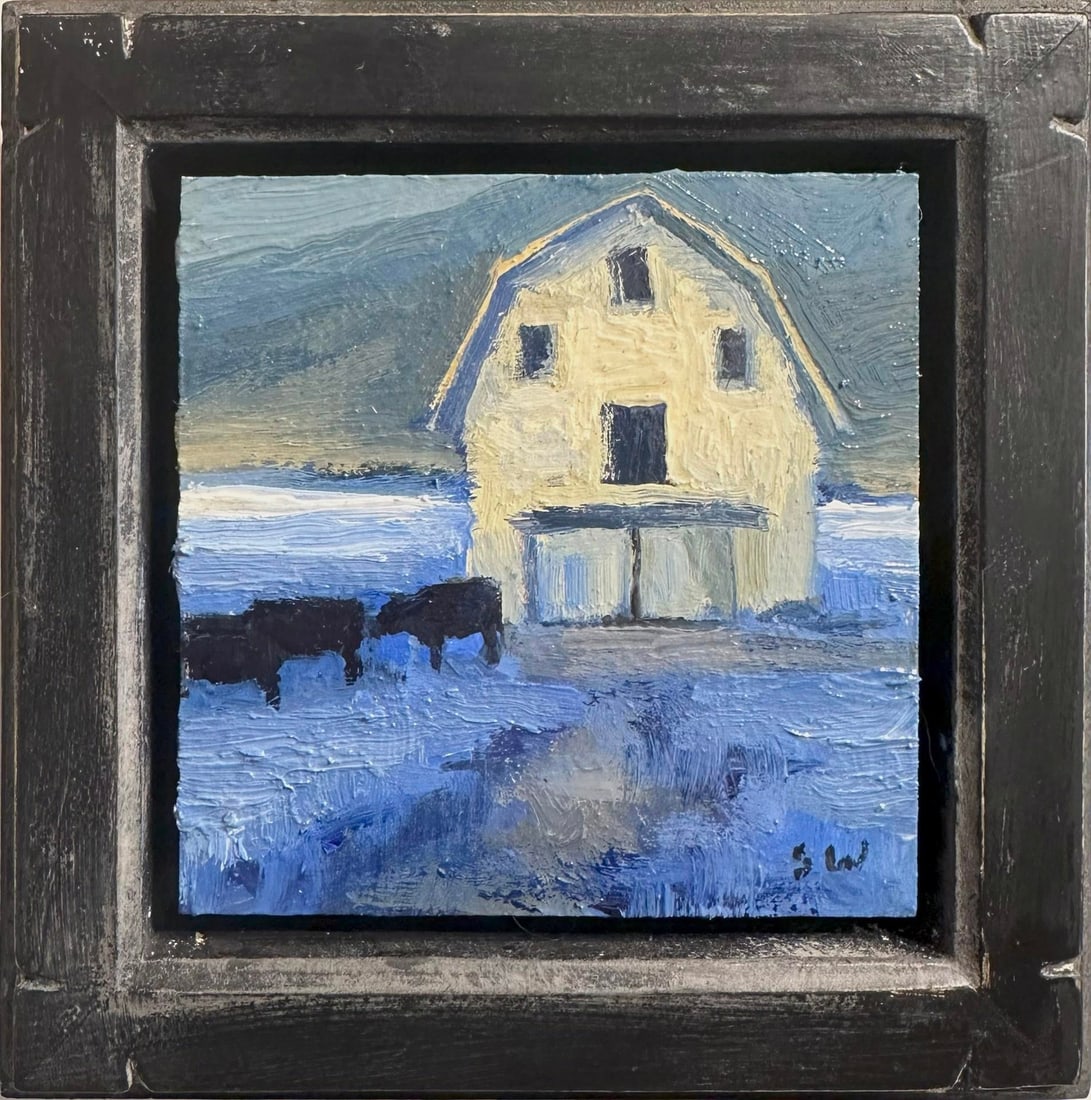 Feeding Time by Seth Winegar | Oil on panel Painting of a barn with cows in a snowy landscape - 2
