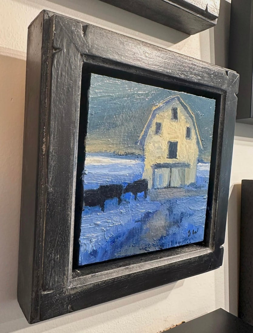 Feeding Time by Seth Winegar | Oil on panel Painting of a barn with cows in a snowy landscape - 3
