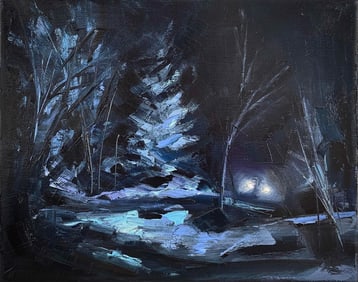 Midnight Drive by Leigh Ann Van Fossan | Oil on Canvas Night scene with trees and headlights.