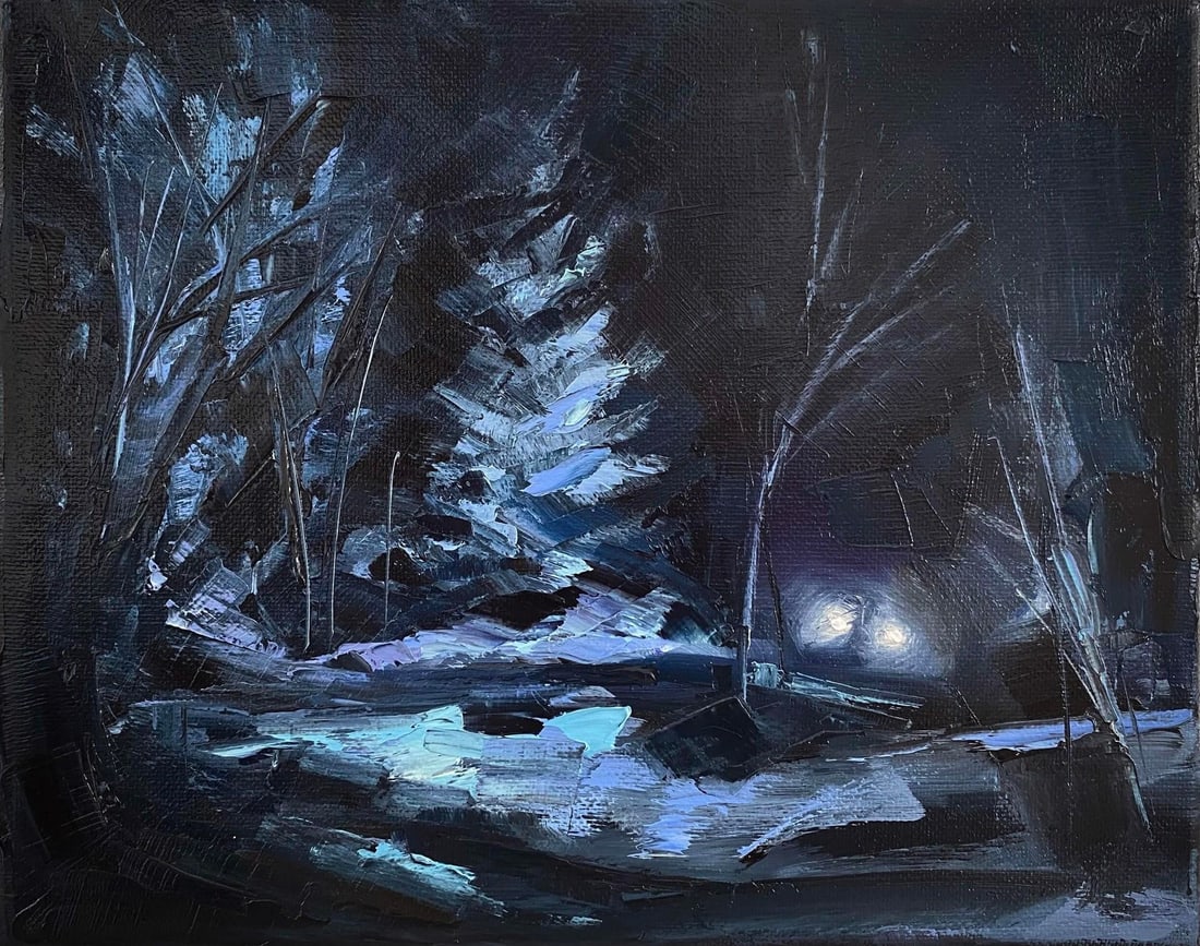 Midnight Drive by Leigh Ann Van Fossan | Oil on Canvas Night scene with trees and headlights.: Midnight Drive captures a serene nocturnal landscape illuminated by the soft glow of headlights cutting through the darkness. The deep blues and blacks evoke a sense of mystery and tranquility, while