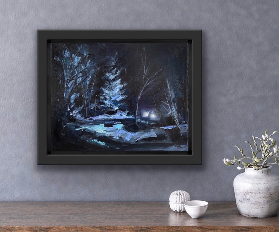 Midnight Drive by Leigh Ann Van Fossan | Oil on Canvas Night scene with trees and headlights. - 2