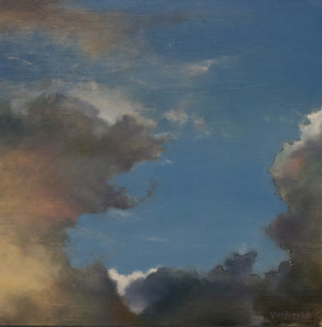 Sky 61 by James Van Fossan | Oil on cradled panel painting of a cloudy sky: This oil painting captures a dynamic sky, where swirling clouds interact with a vibrant blue backdrop. The interplay of light and shadow creates a sense of movement and depth, evoking a tranquil yet d