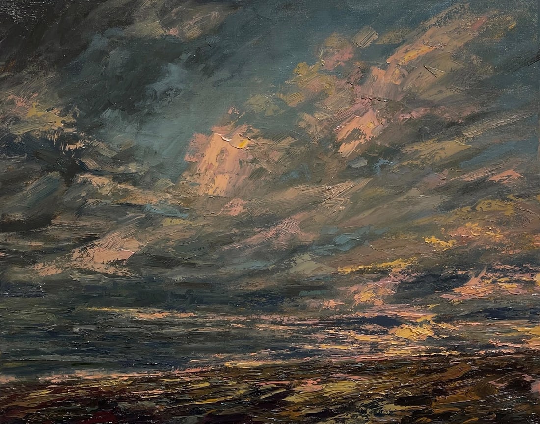 Eastern Plains of Colorado by Sparky LeBold | Oil on Canvas Landscape of clouds at sunset.: The painting captures the dramatic sky over the Eastern Plains of Colorado, where swirling clouds are infused with hues of blue, pink, and gold. The textured brushwork conveys a sense of movement and