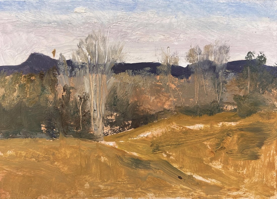 Pike's Peak, Colorado by Timothy J. Standring | Oil on gesso board Landscape of Pike's Peak area.: This oil painting captures the serene landscape of Pike's Peak, showcasing a harmonious blend of earthy tones and soft brushwork. The foreground features gently rolling hills, while the distant