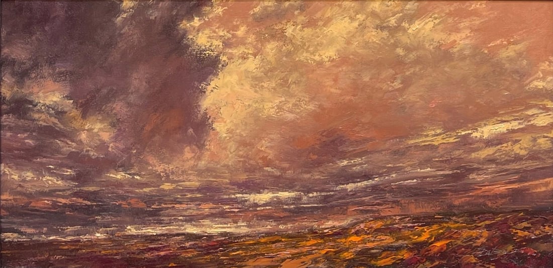Colorado Skies by Sparky LeBold | Oil on Panel Landscape with dramatic clouds at sunset: This oil on panel artwork captures the dramatic interplay of light and color in a Colorado sky, where swirling clouds blend rich hues of orange, purple, and gold. The textured brushwork creates a