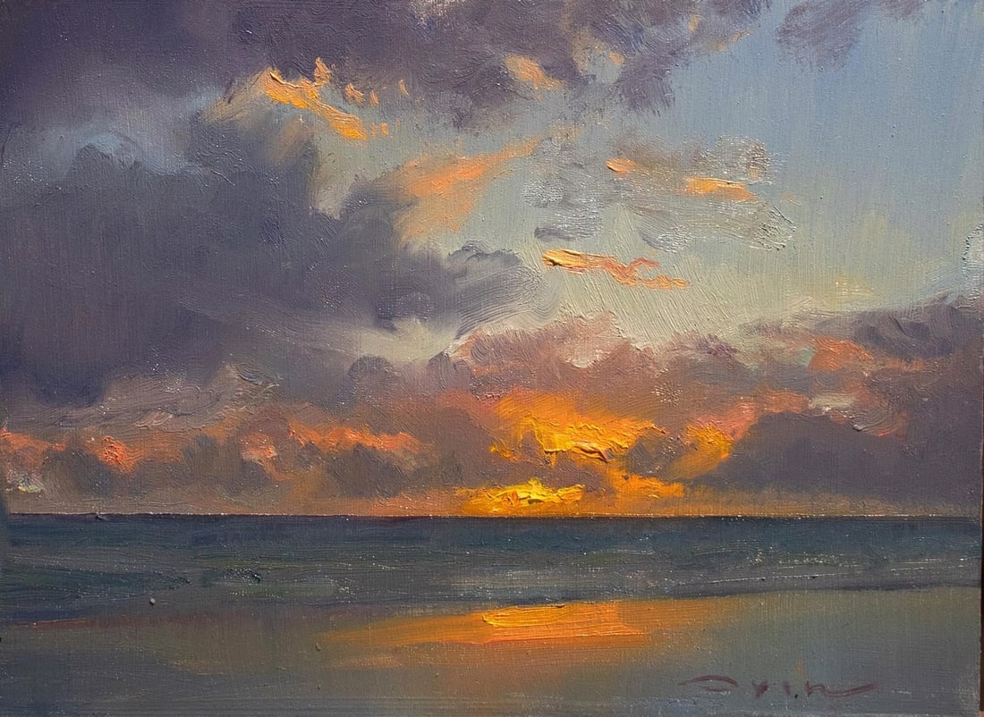 Orange on Blue by Devin Michael Roberts | Oil on Panel Sunset over the ocean with clouds.: This oil on panel painting captures a serene sunset over the ocean, where vibrant oranges blend seamlessly with deep blues and purples in the sky. The expressive brushwork conveys the fluidity of the