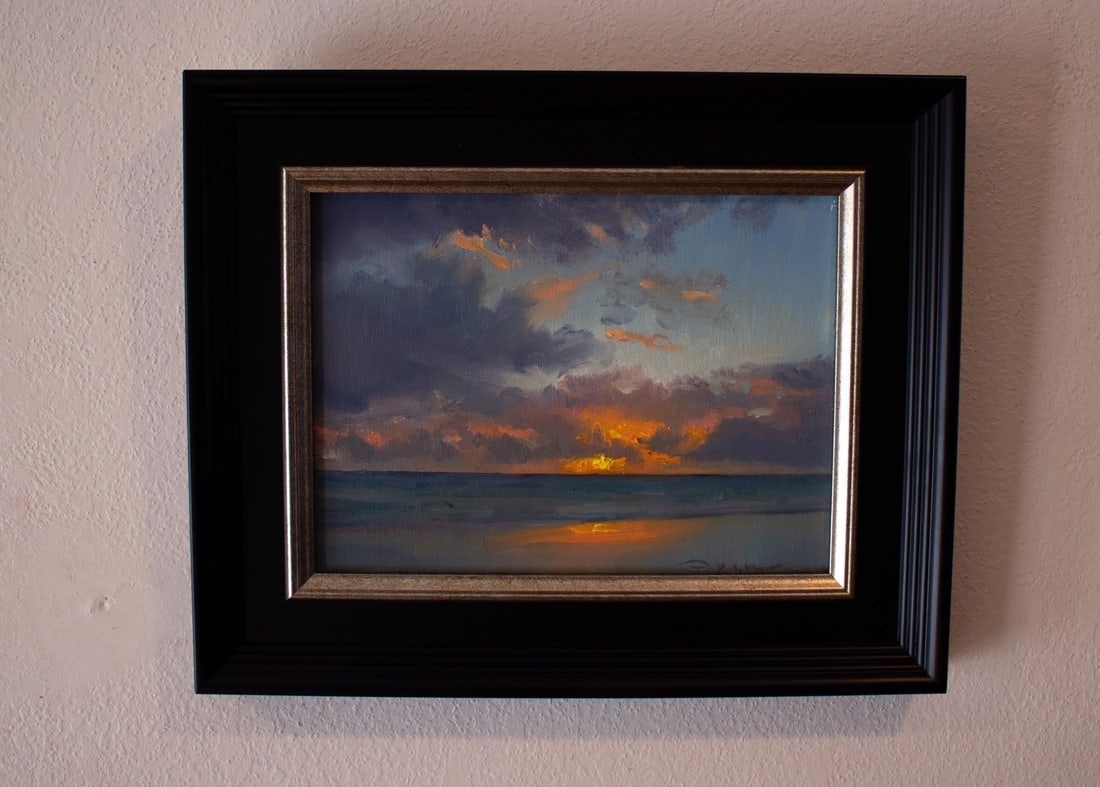 Orange on Blue by Devin Michael Roberts | Oil on Panel Sunset over the ocean with clouds. - 2