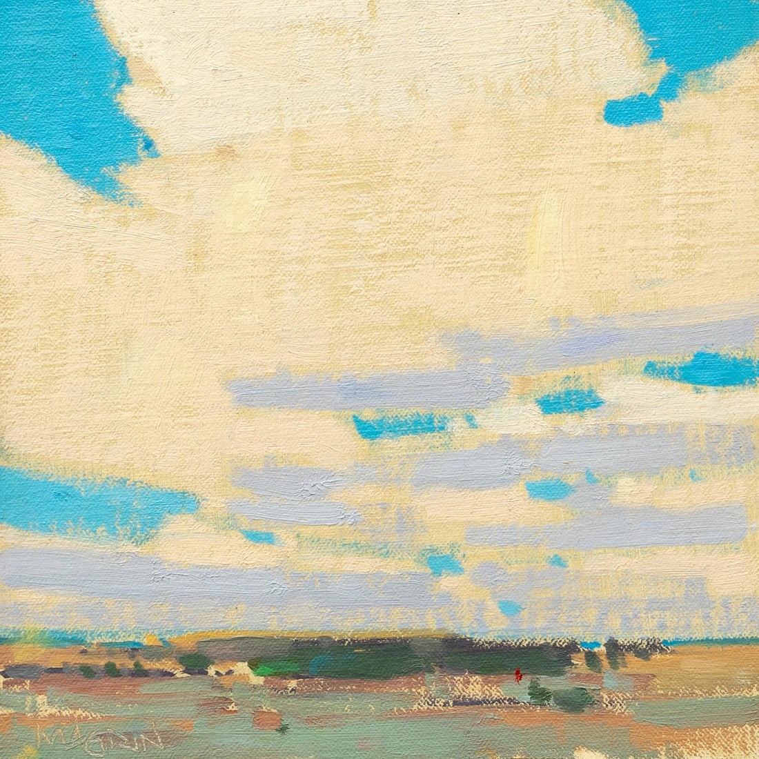 Southern Colorado Skies by Michael Magrin | Oil on linen mounted on panel Sky with clouds over lands: This artwork captures the expansive skies of Southern Colorado, characterized by broad strokes of soft blues and creamy whites that evoke a sense of tranquility. The gentle interplay of light and