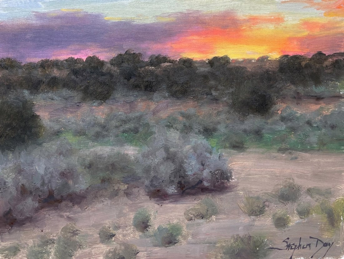 Sunset View From the Arroyo by Stephen Day | Oil on Panel Landscape with sunset and shrubs.: The painting captures a serene sunset over a desert landscape, where soft hues of purple, orange, and pink blend seamlessly in the sky. Silhouetted against this vibrant backdrop, the dark shapes of