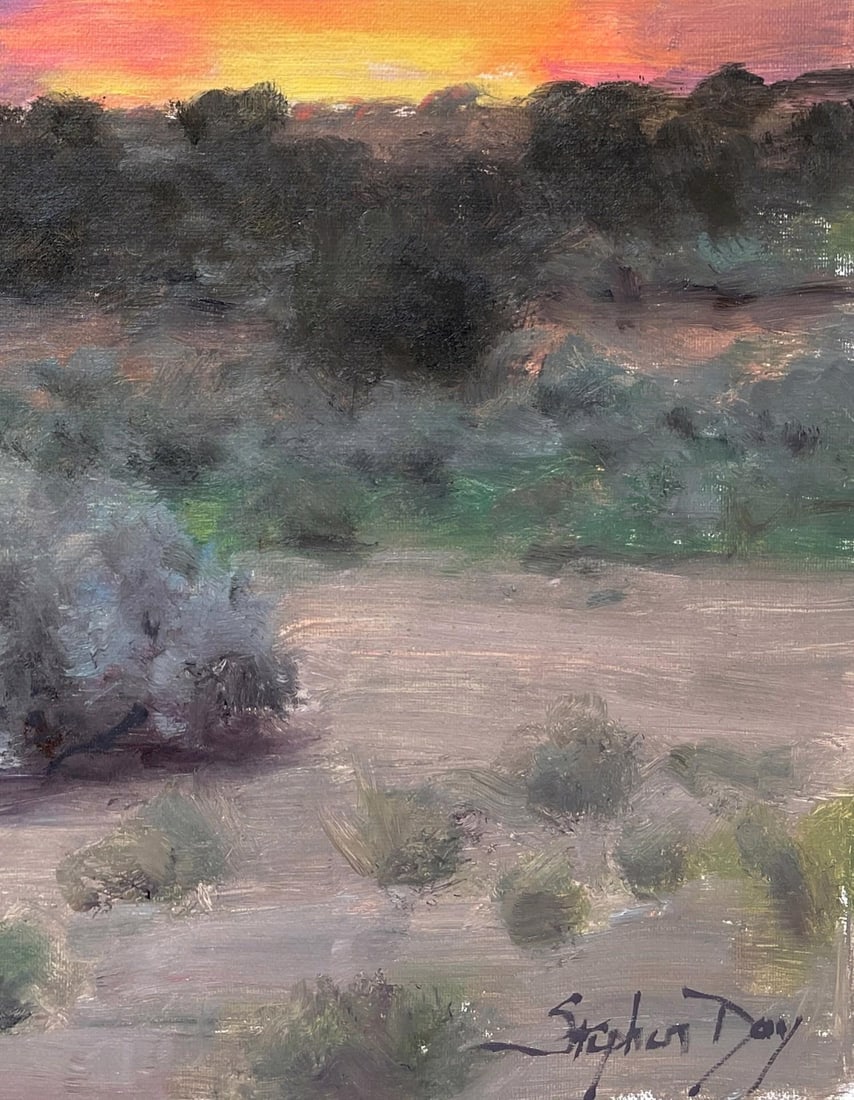 Sunset View From the Arroyo by Stephen Day | Oil on Panel Landscape with sunset and shrubs. - 2