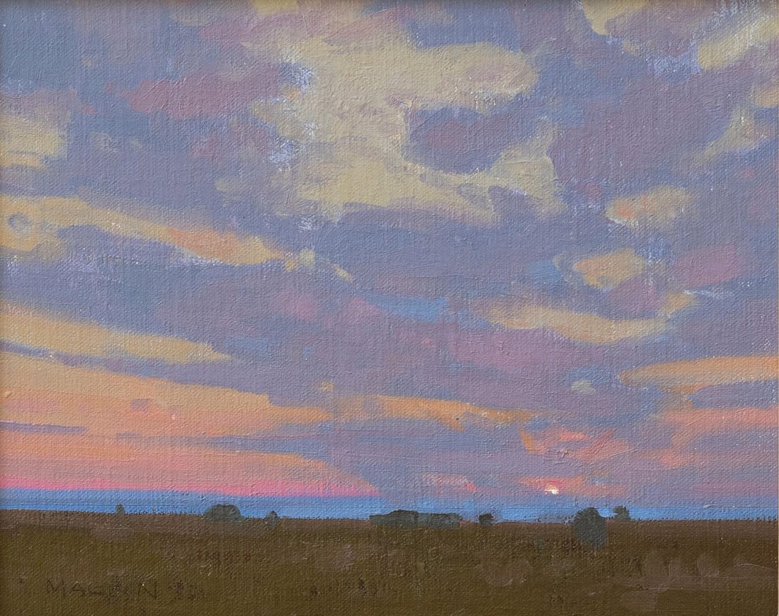 On the Horizon by Michael Magrin | Oil on linen Landscape with sunset and clouds.: This oil on linen painting captures a serene twilight scene, where soft hues of lavender and peach blend seamlessly in the sky, hinting at the day's end. The horizon is marked by delicate silhouettes