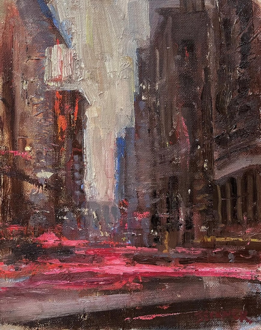Street Movement by Jim Beckner | Oil on panel city street scene with blurred movement: The painting captures a bustling urban scene, where vibrant pinks and muted earth tones depict the motion of city life. The loose brushwork conveys a sense of energy and spontaneity, allowing viewers