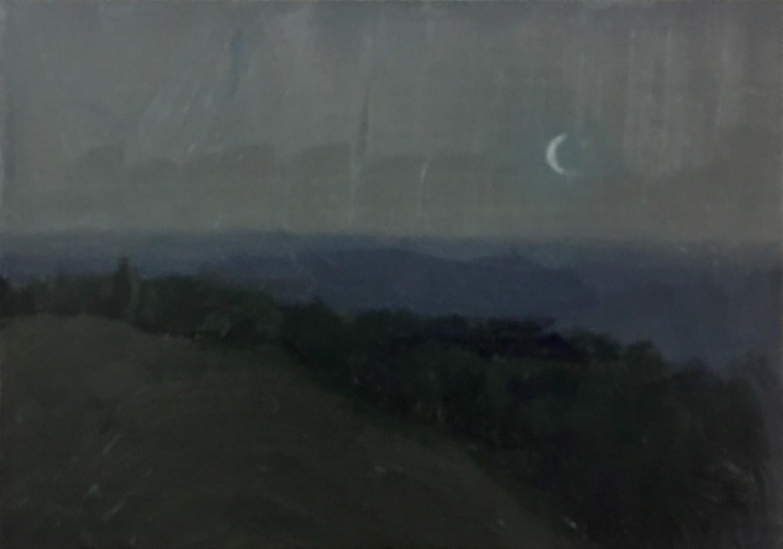 Dusk's Kiss by Jason Sacran | Oil on panel Landscape at twilight with a crescent moon.: This oil on panel painting captures a serene twilight landscape, where the soft hues of dusk blend seamlessly into the horizon. A delicate crescent moon appears in the sky, casting a gentle light