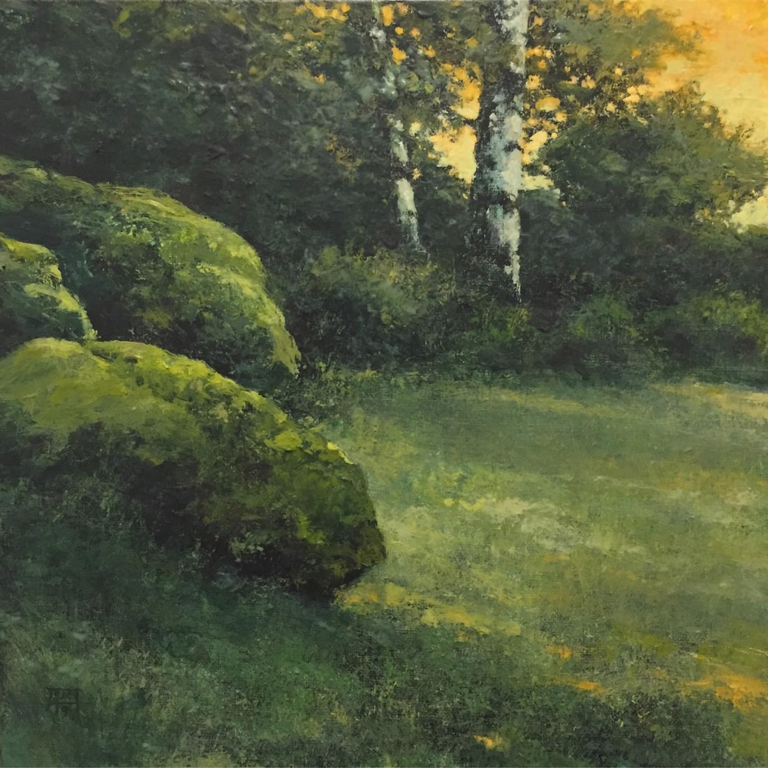 Field and Stone Study by Shawn Krueger | Oil on linen Landscape with stones and greenery: This oil on linen artwork captures a serene landscape where lush greenery meets the solidity of stone, illuminated by a warm, golden light. The interplay of textures between the moss-covered rocks